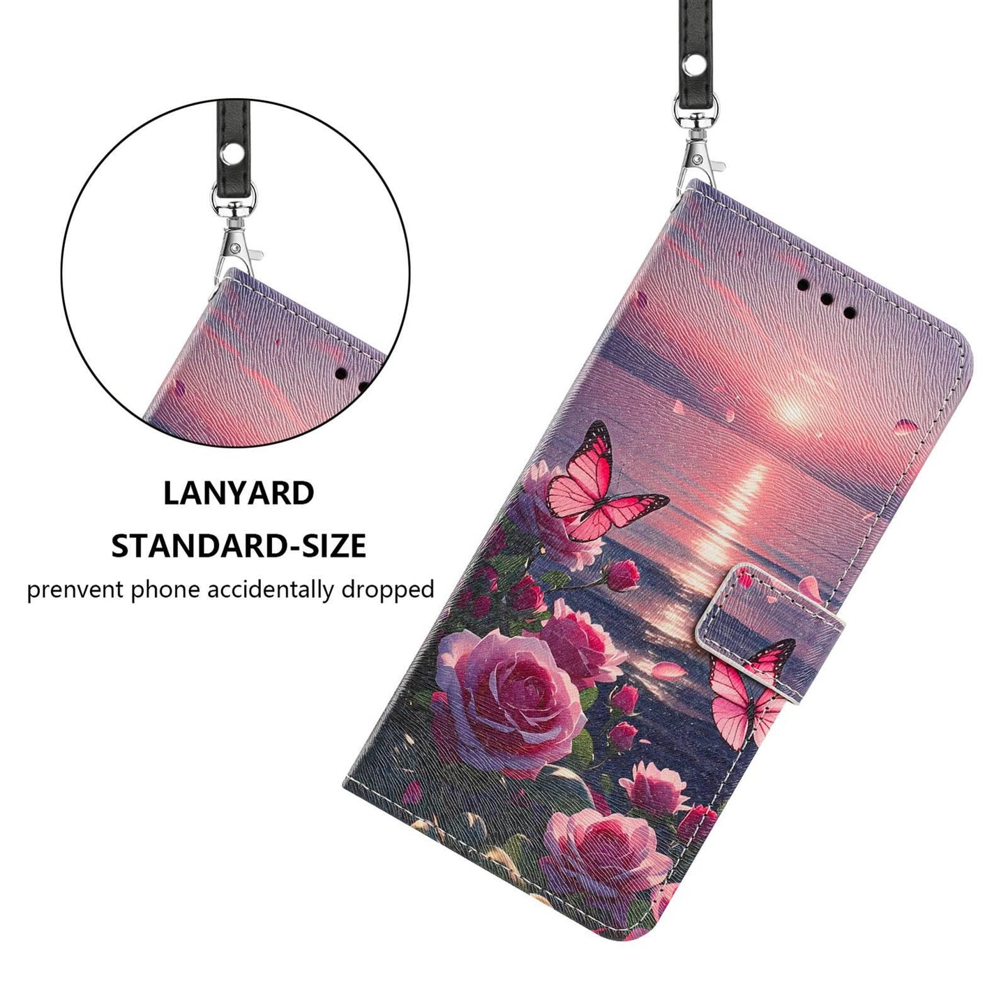 For Redmi K90 Pro Max/Poco F8 Ultra 5G Painted Pattern Vegan Leather Phone Case with Strap(Rose Butterfly)