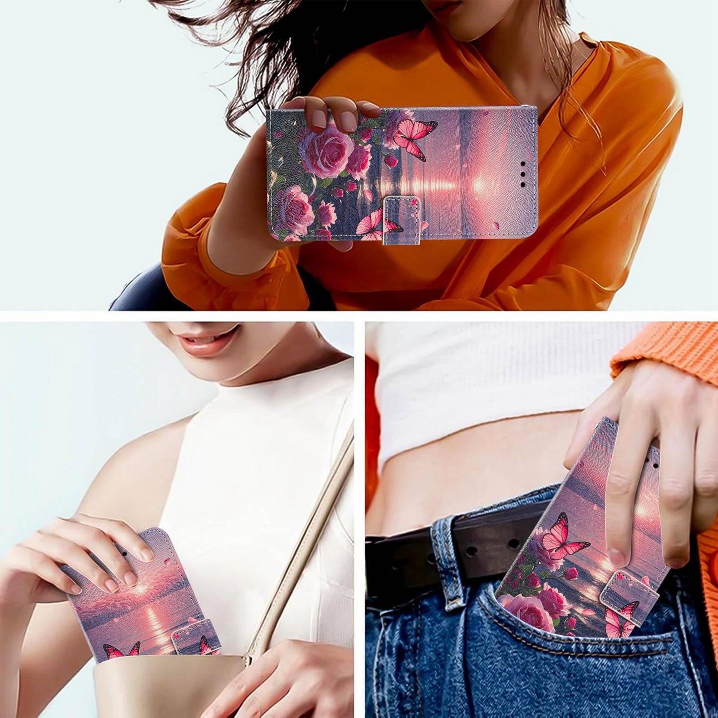 For Redmi K90 Pro Max/Poco F8 Ultra 5G Painted Pattern Vegan Leather Phone Case with Strap(Rose Butterfly)
