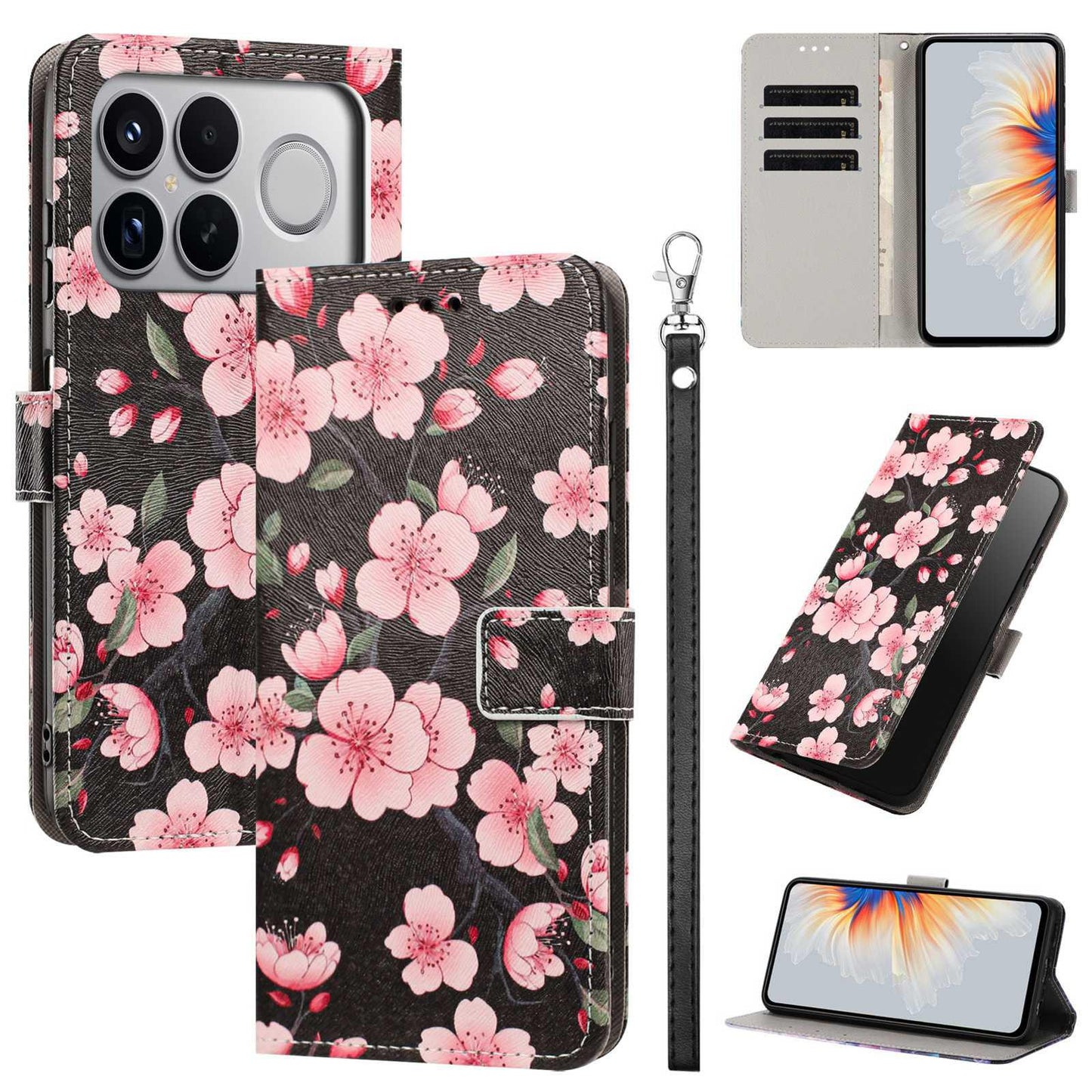 For Redmi K90 Pro Max/Poco F8 Ultra 5G Painted Pattern Vegan Leather Phone Case with Strap(Sakura)