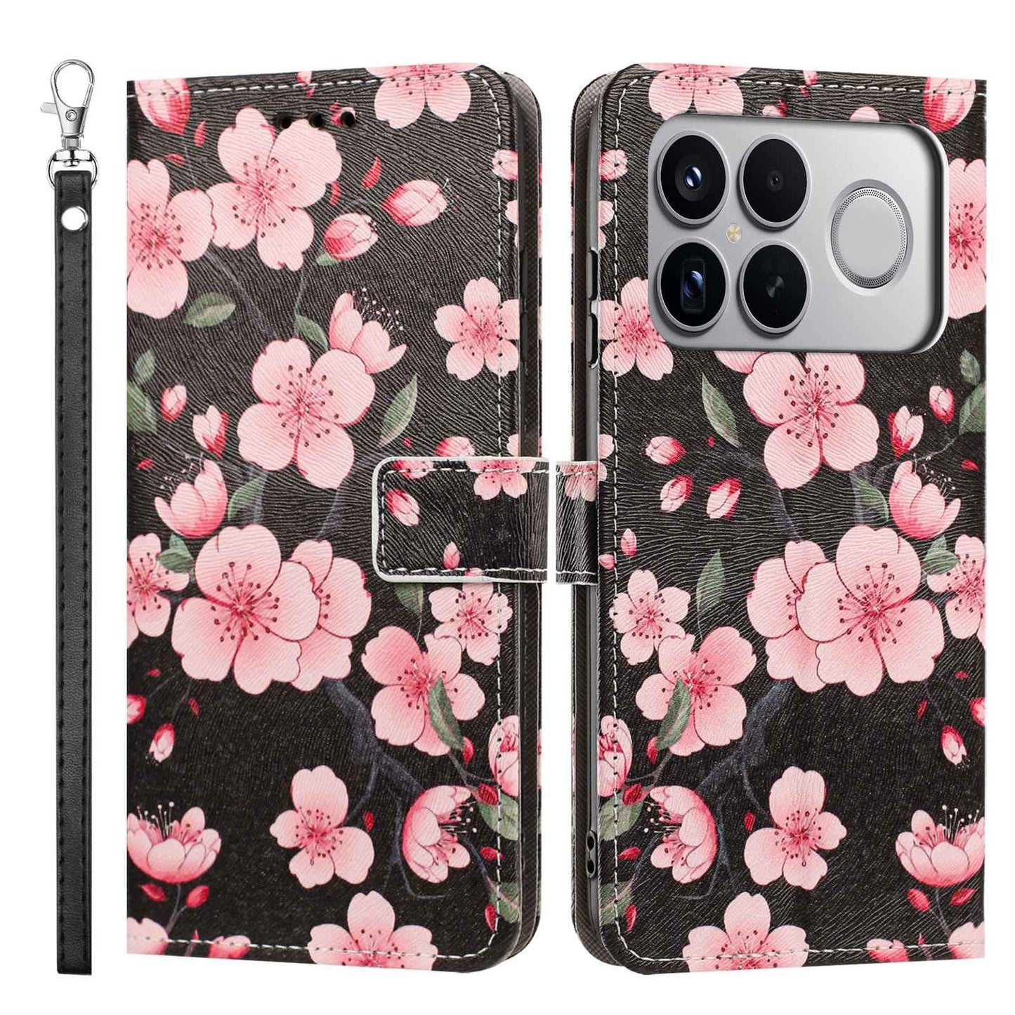 For Redmi K90 Pro Max/Poco F8 Ultra 5G Painted Pattern Vegan Leather Phone Case with Strap(Sakura)