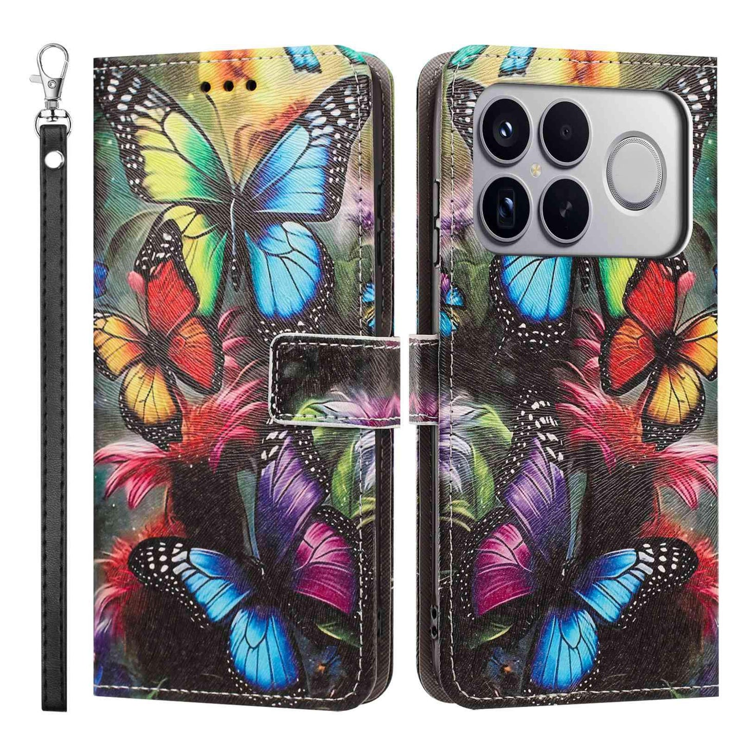 For Redmi K90 Pro Max/Poco F8 Ultra 5G Painted Pattern Vegan Leather Phone Case with Strap(Colorful Butterfly)