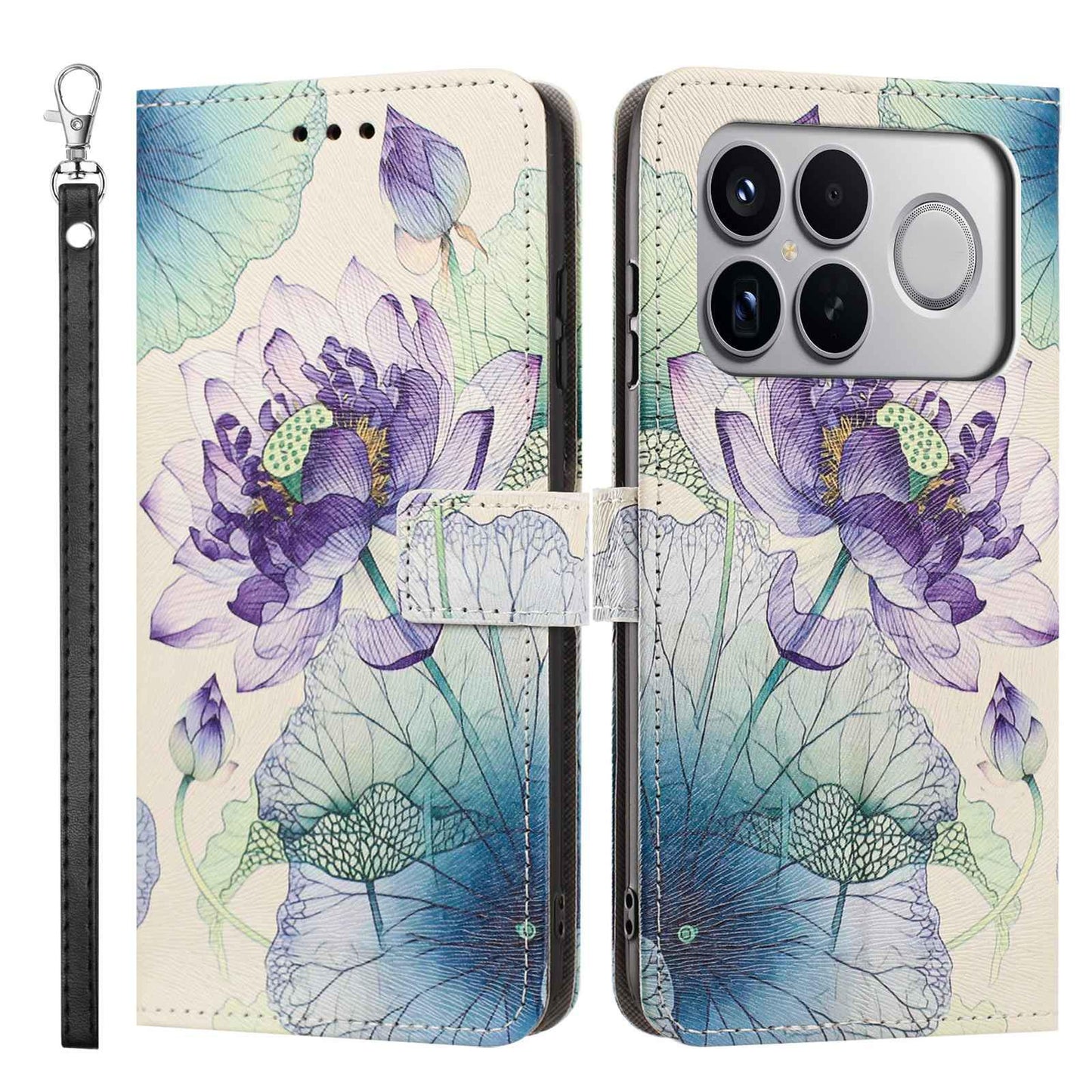 For Redmi K90 Pro Max/Poco F8 Ultra 5G Painted Pattern Vegan Leather Phone Case with Strap(Purple Lotus)