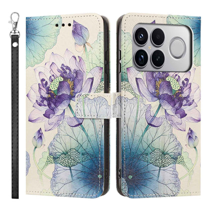 For Redmi K90 Pro Max/Poco F8 Ultra 5G Painted Pattern Vegan Leather Phone Case with Strap(Purple Lotus)