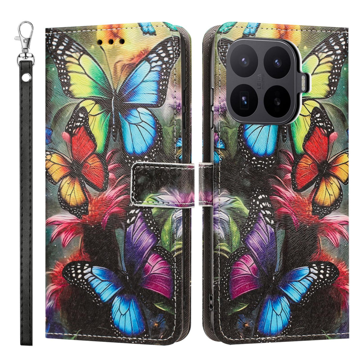 For Xiaomi 17T Pro 5G Painted Pattern Vegan Leather Phone Case with Strap - Colorful Butterfly - EDA009475225F