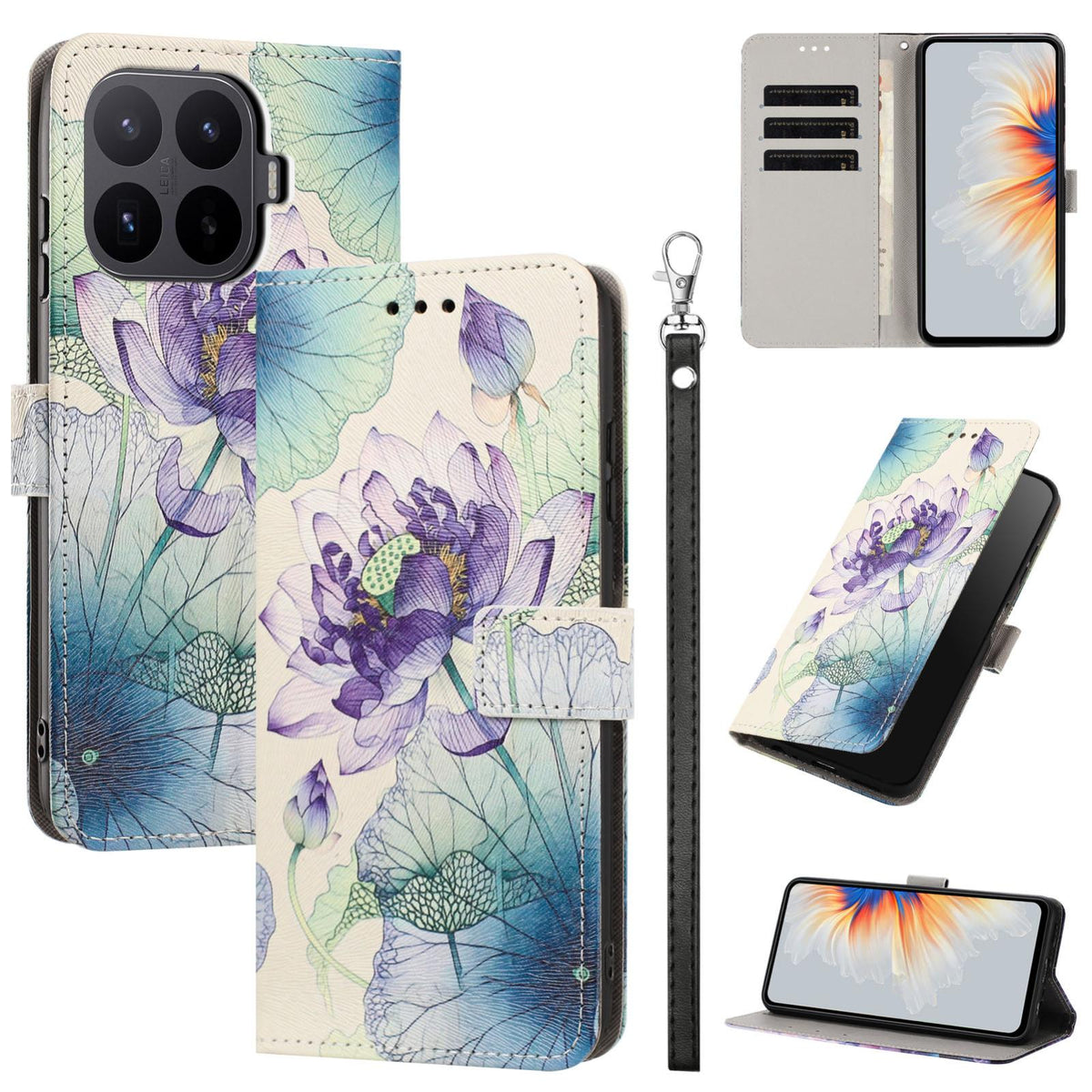 For Xiaomi 17T Pro 5G Painted Pattern Vegan Leather Phone Case with Strap - Purple Lotus - EDA009475225H