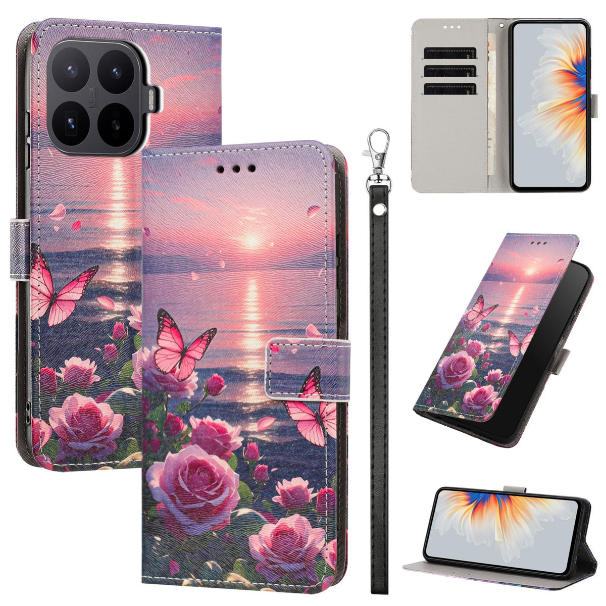 For Xiaomi 17T 5G Painted Pattern Vegan Leather Phone Case with Strap - Rose Butterfly - EDA009475226A