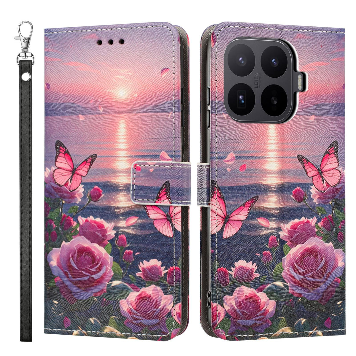 For Xiaomi 17T 5G Painted Pattern Vegan Leather Phone Case with Strap - Rose Butterfly - EDA009475226A