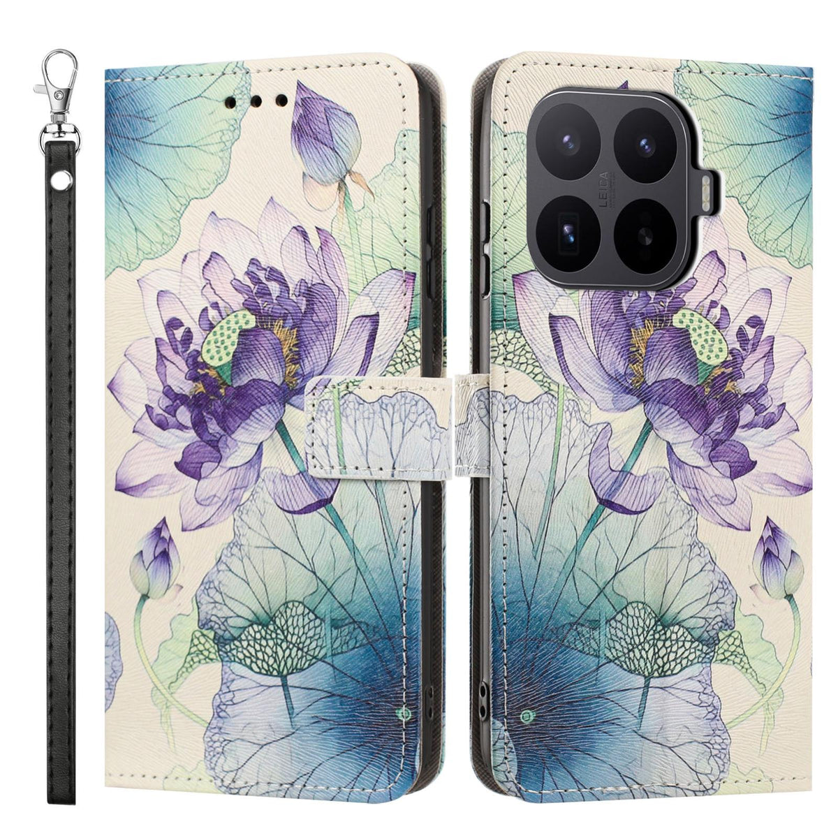 For Xiaomi 17T 5G Painted Pattern Vegan Leather Phone Case with Strap - Purple Lotus - EDA009475226H