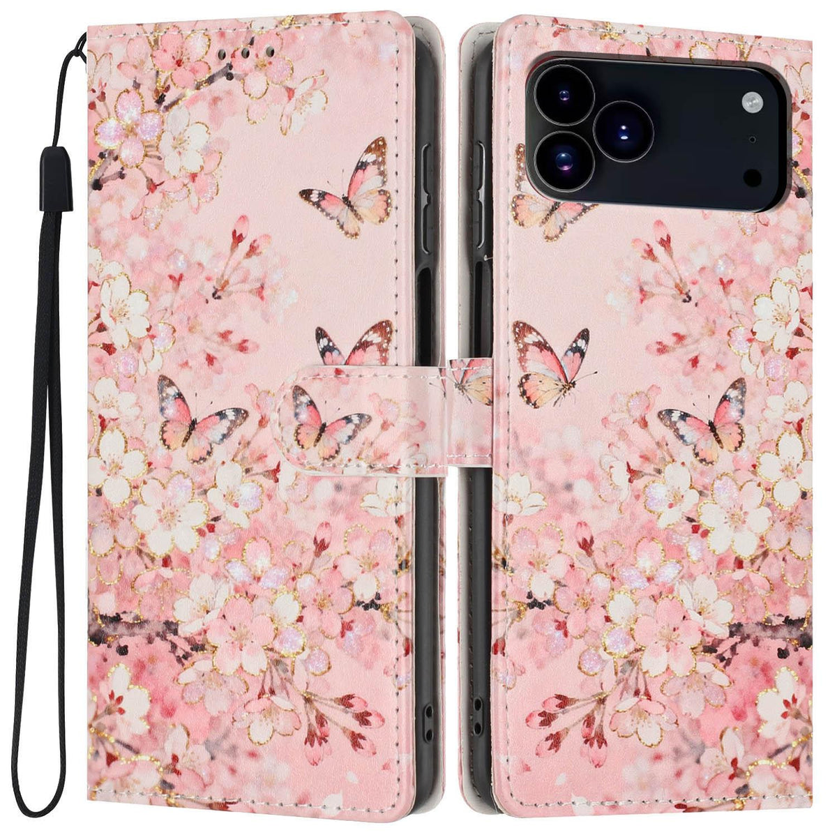 For iPhone 18 Pro Max Colorful Painting Vegan Leather Phone Case with Lanyard - Pink Flower Butterfly - EDA009480714A