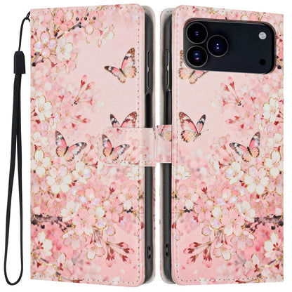 For iPhone 18 Pro Max Colorful Painting Vegan Leather Phone Case with Lanyard - Pink Flower Butterfly - EDA009480714A