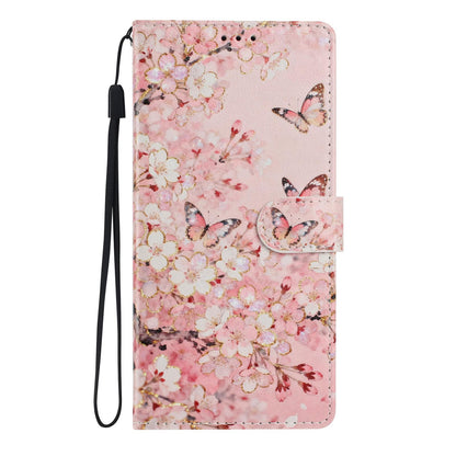 For iPhone 18 Pro Max Colorful Painting Vegan Leather Phone Case with Lanyard - Pink Flower Butterfly - EDA009480714A