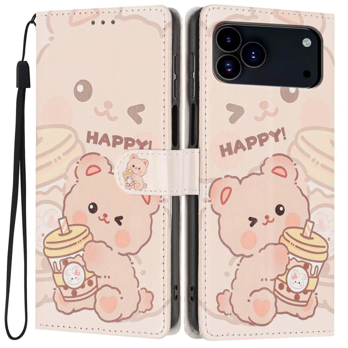 For iPhone 18 Pro Max Colorful Painting Vegan Leather Phone Case with Lanyard - Milk Tea Bear - EDA009480714B