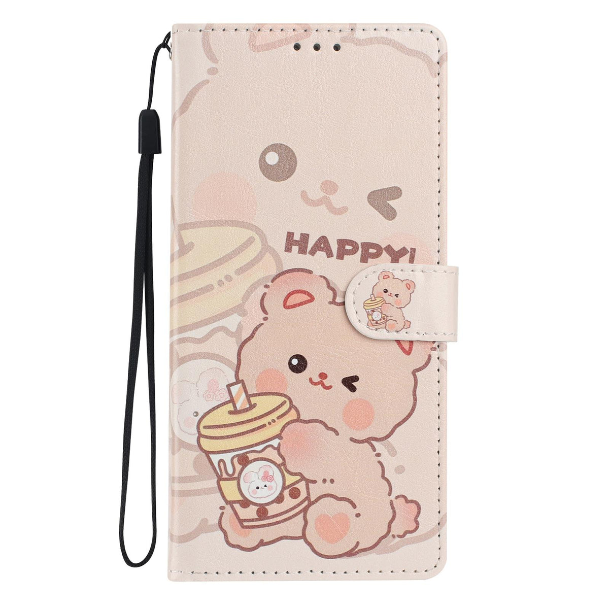 For iPhone 18 Pro Max Colorful Painting Vegan Leather Phone Case with Lanyard - Milk Tea Bear - EDA009480714B