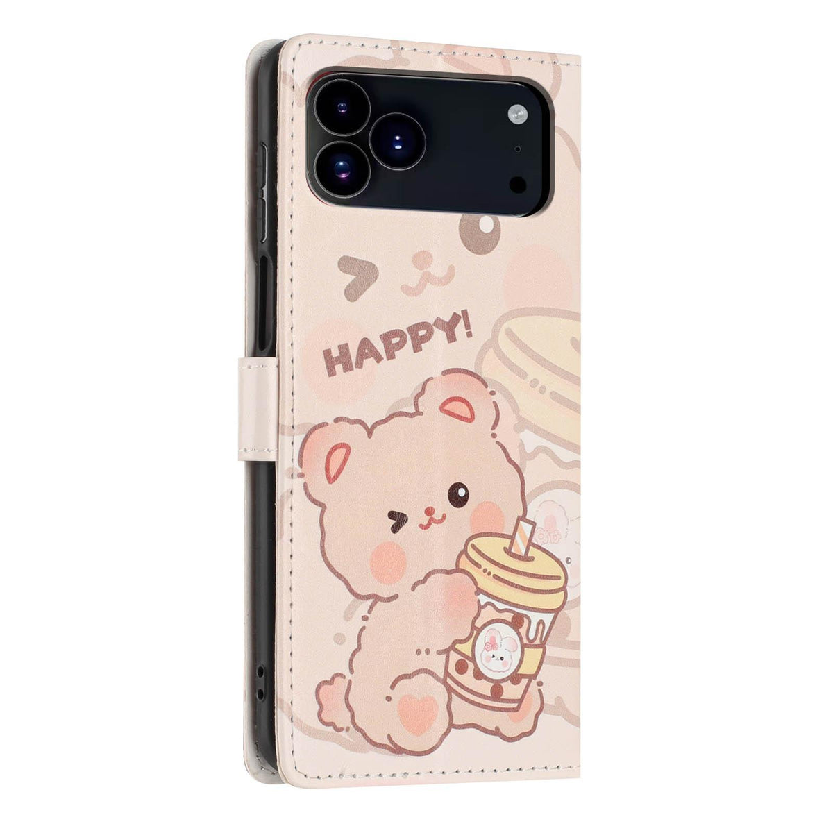For iPhone 18 Pro Max Colorful Painting Vegan Leather Phone Case with Lanyard - Milk Tea Bear - EDA009480714B