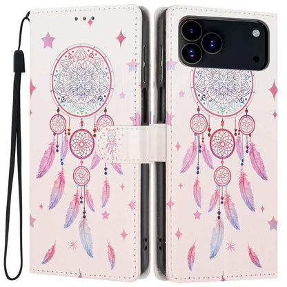 For iPhone 18 Pro Max Colorful Painting Vegan Leather Phone Case with Lanyard - Feather Wind Chimes - EDA009480714C