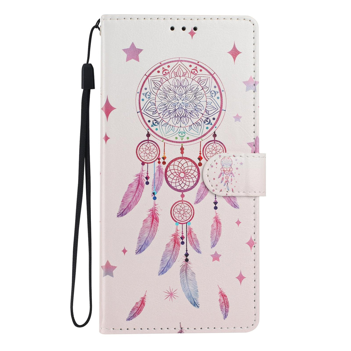 For iPhone 18 Pro Max Colorful Painting Vegan Leather Phone Case with Lanyard - Feather Wind Chimes - EDA009480714C