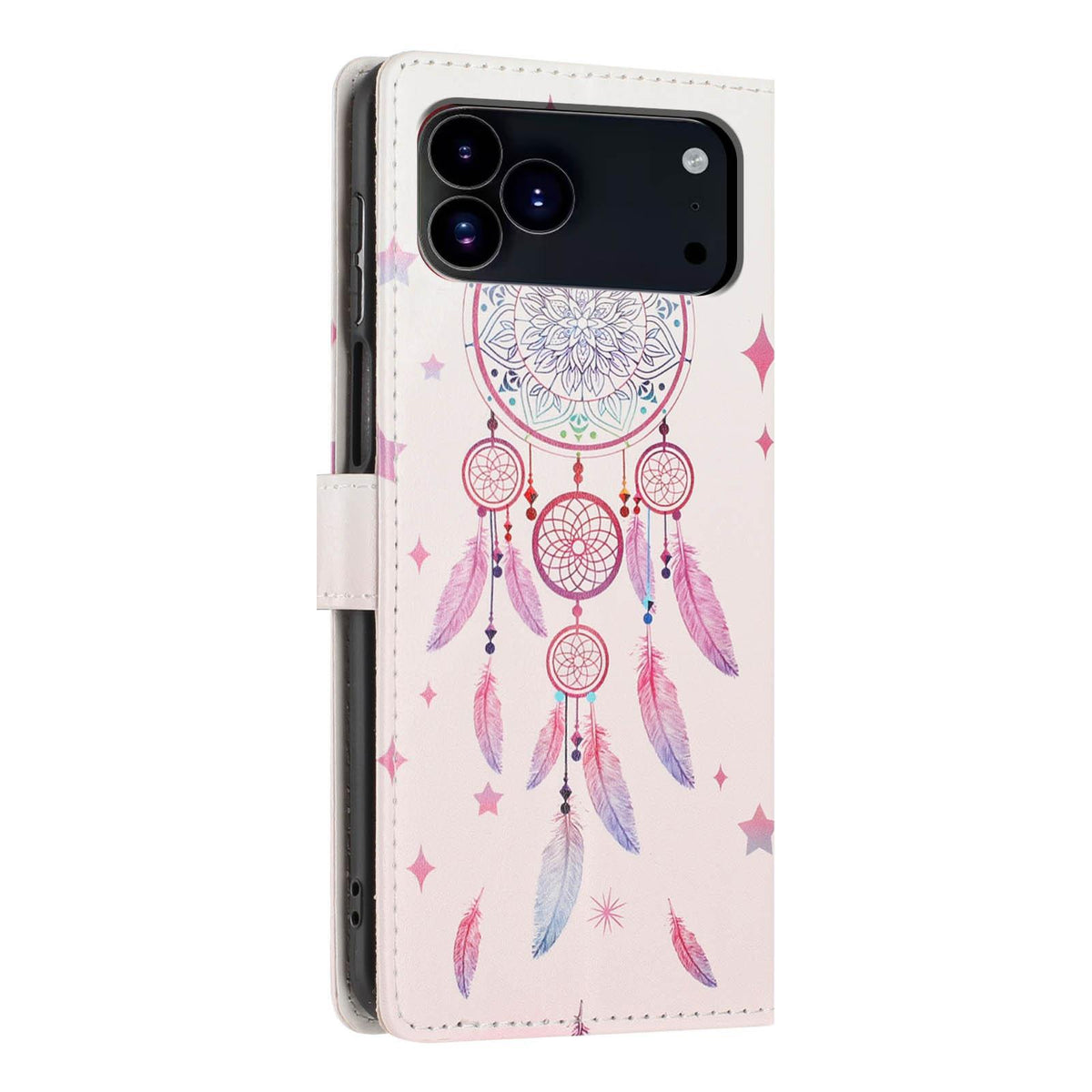 For iPhone 18 Pro Max Colorful Painting Vegan Leather Phone Case with Lanyard - Feather Wind Chimes - EDA009480714C