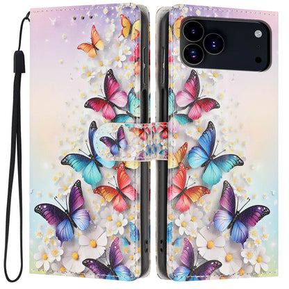 For iPhone 18 Pro Max Colorful Painting Vegan Leather Phone Case with Lanyard - Colorful Butterflies - EDA009480714D