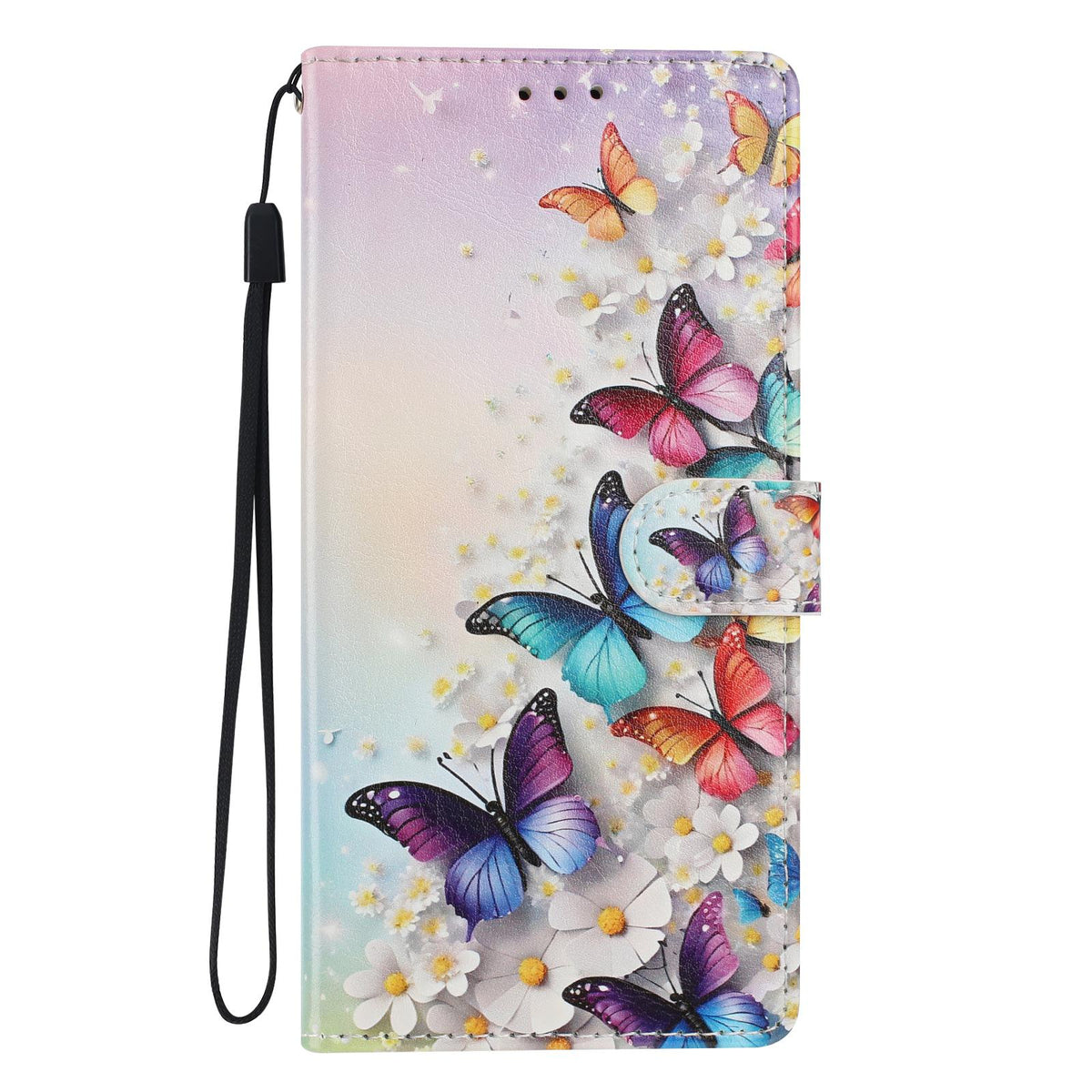 For iPhone 18 Pro Max Colorful Painting Vegan Leather Phone Case with Lanyard - Colorful Butterflies - EDA009480714D