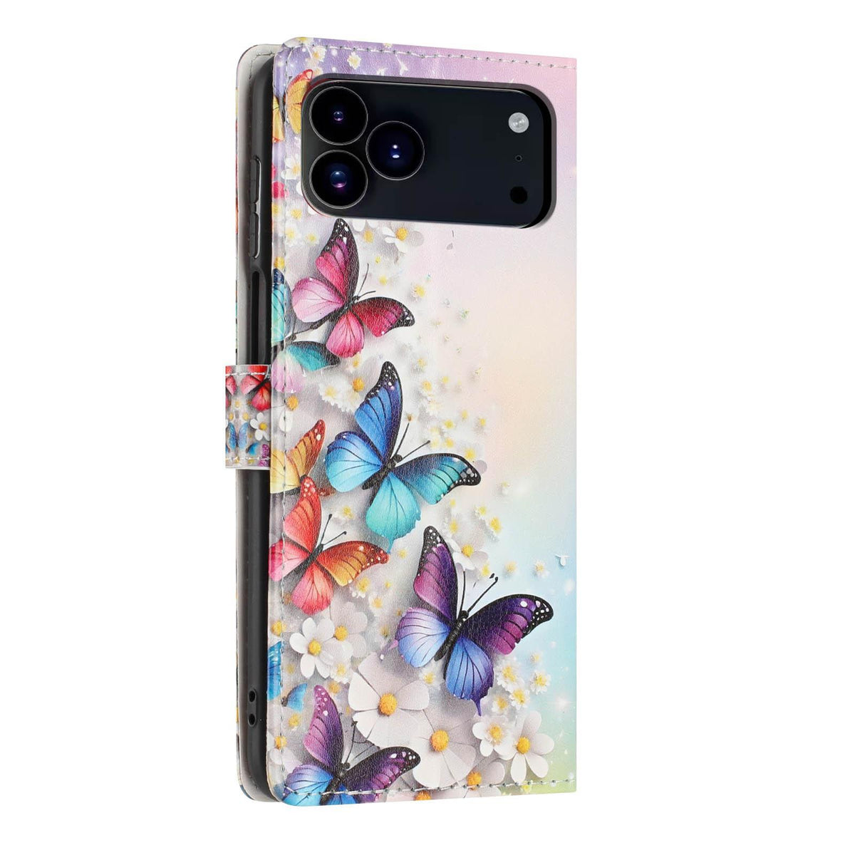 For iPhone 18 Pro Max Colorful Painting Vegan Leather Phone Case with Lanyard - Colorful Butterflies - EDA009480714D