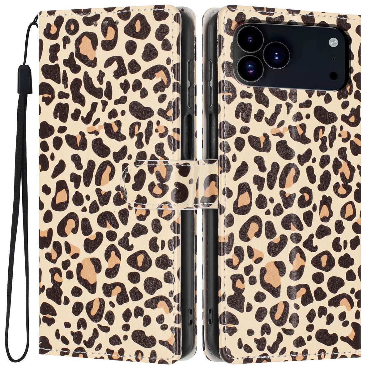 For iPhone 18 Pro Max Colorful Painting Vegan Leather Phone Case with Lanyard - Leopard Print - EDA009480714E