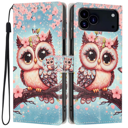 For iPhone 18 Pro Max Colorful Painting Vegan Leather Phone Case with Lanyard - Cherry Blossom Owl - EDA009480714F