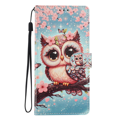 For iPhone 18 Pro Max Colorful Painting Vegan Leather Phone Case with Lanyard - Cherry Blossom Owl - EDA009480714F