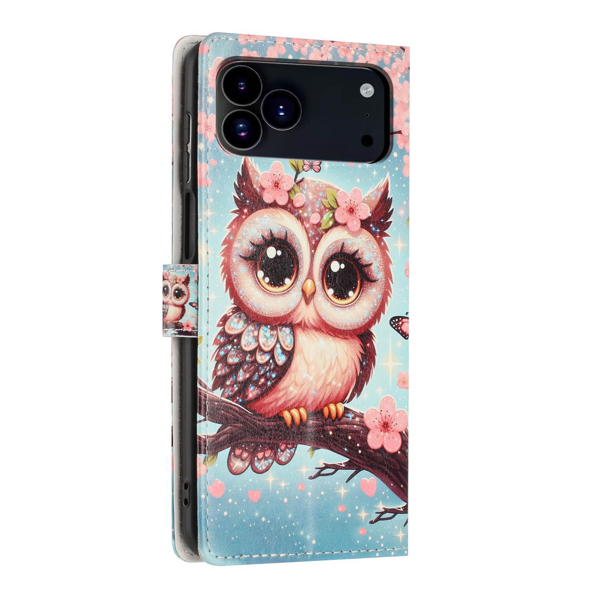 For iPhone 18 Pro Max Colorful Painting Vegan Leather Phone Case with Lanyard - Cherry Blossom Owl - EDA009480714F