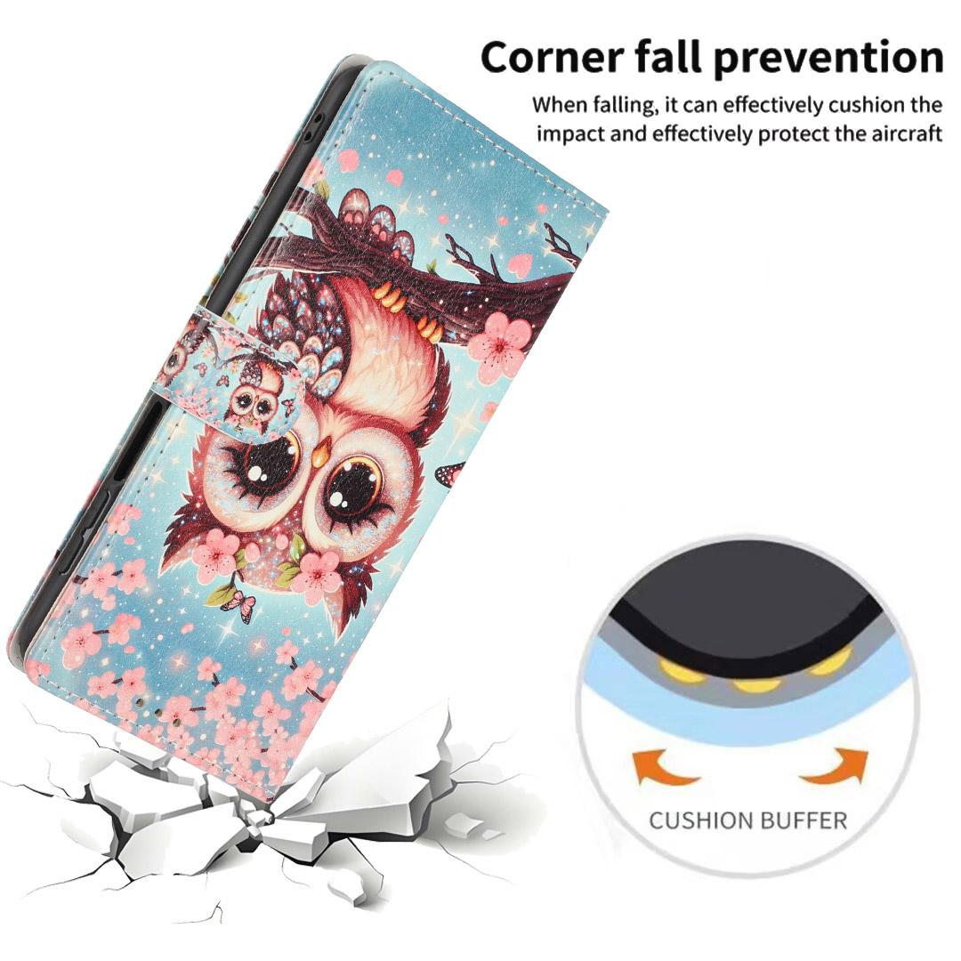 For iPhone 18 Pro Max Colorful Painting Vegan Leather Phone Case with Lanyard - Cherry Blossom Owl - EDA009480714F