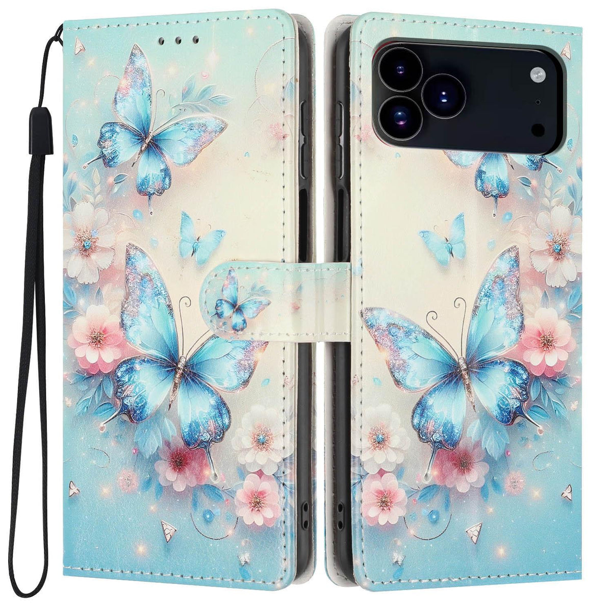 For iPhone 18 Pro Max Colorful Painting Vegan Leather Phone Case with Lanyard - Blue Butterflies - EDA009480714G