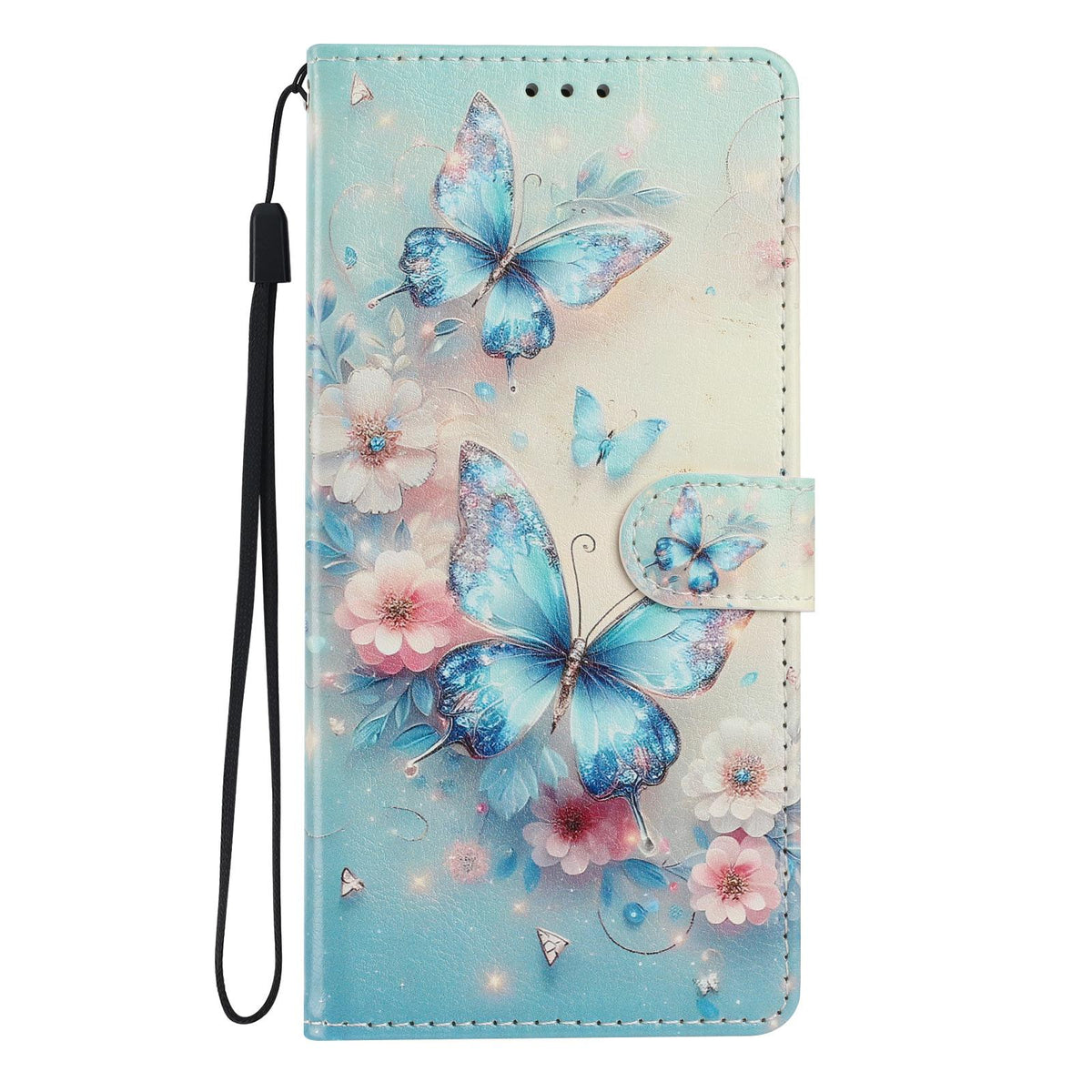 For iPhone 18 Pro Max Colorful Painting Vegan Leather Phone Case with Lanyard - Blue Butterflies - EDA009480714G