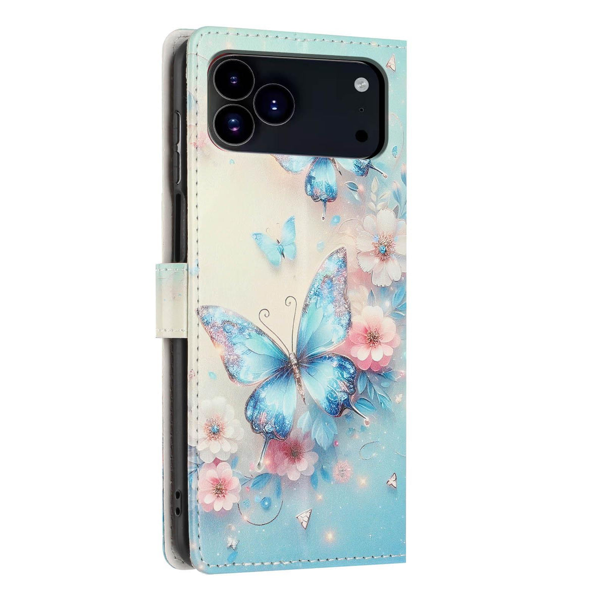 For iPhone 18 Pro Max Colorful Painting Vegan Leather Phone Case with Lanyard - Blue Butterflies - EDA009480714G
