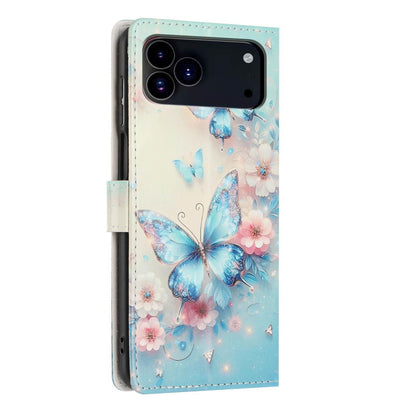 For iPhone 18 Pro Max Colorful Painting Vegan Leather Phone Case with Lanyard - Blue Butterflies - EDA009480714G