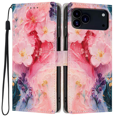 For iPhone 18 Pro Max Colorful Painting Vegan Leather Phone Case with Lanyard - Oil Painting Flowers - EDA009480714H