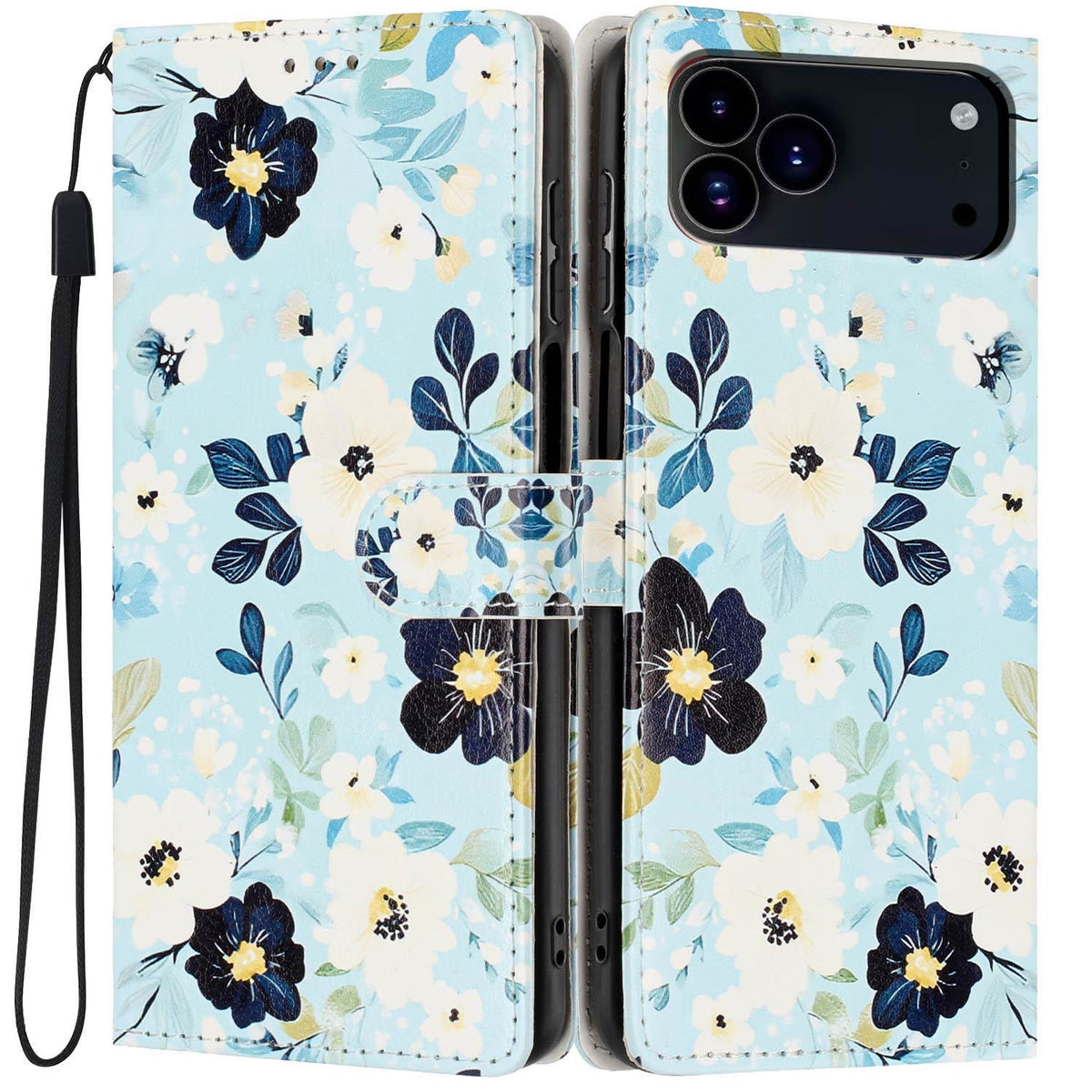For iPhone 18 Pro Max Colorful Painting Vegan Leather Phone Case with Lanyard - Blue Background Flower - EDA009480714I