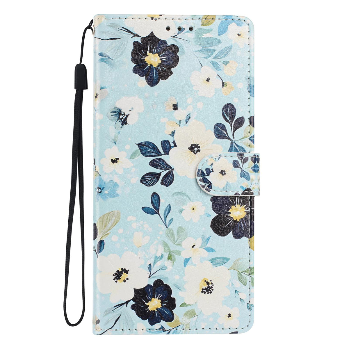 For iPhone 18 Pro Max Colorful Painting Vegan Leather Phone Case with Lanyard - Blue Background Flower - EDA009480714I