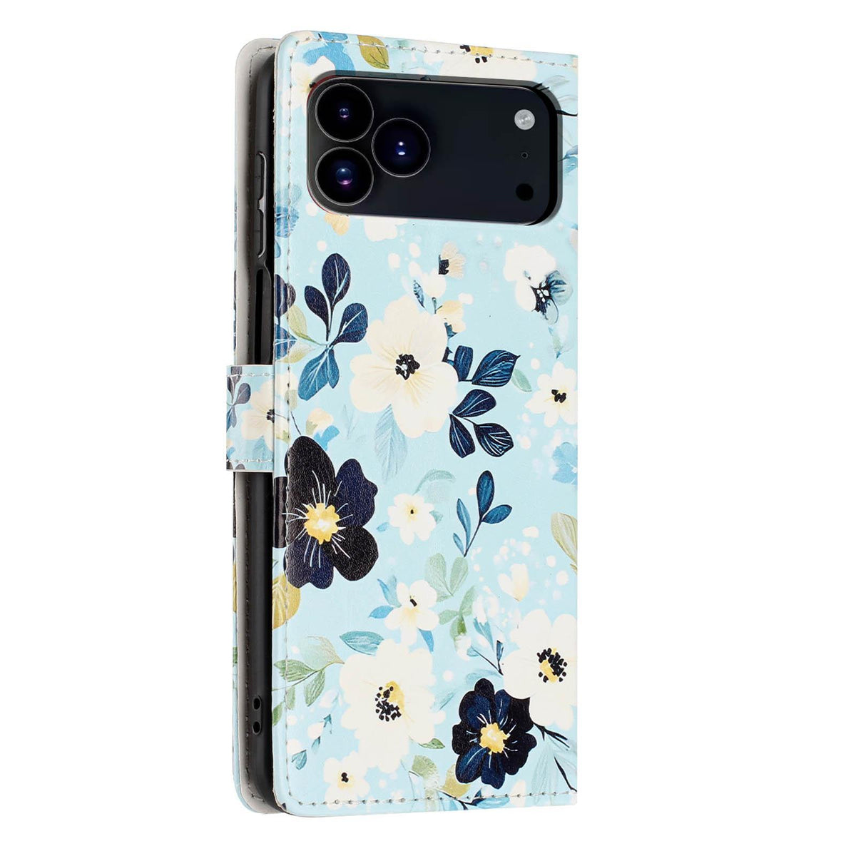 For iPhone 18 Pro Max Colorful Painting Vegan Leather Phone Case with Lanyard - Blue Background Flower - EDA009480714I