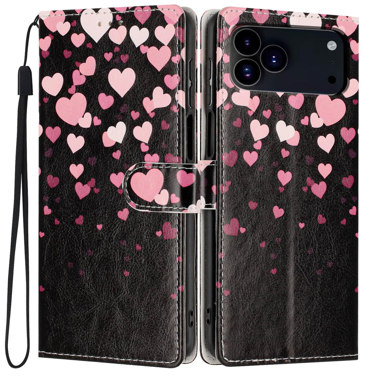 For iPhone 18 Pro Max Colorful Painting Vegan Leather Phone Case with Lanyard - Hearts - EDA009480714J