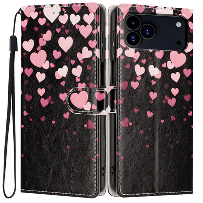 For iPhone 18 Pro Max Colorful Painting Vegan Leather Phone Case with Lanyard - Hearts - EDA009480714J