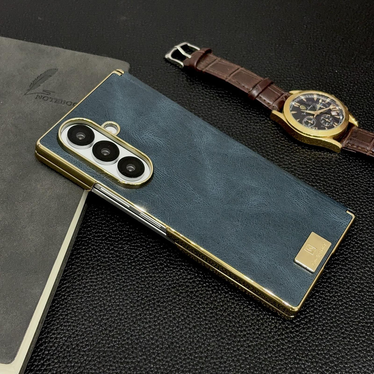 For Galaxy Z Fold8 Ultra 5G Electroplate Dual Axis Crazy Horse Texture PU Phone Case - Blue - EDA009511804A