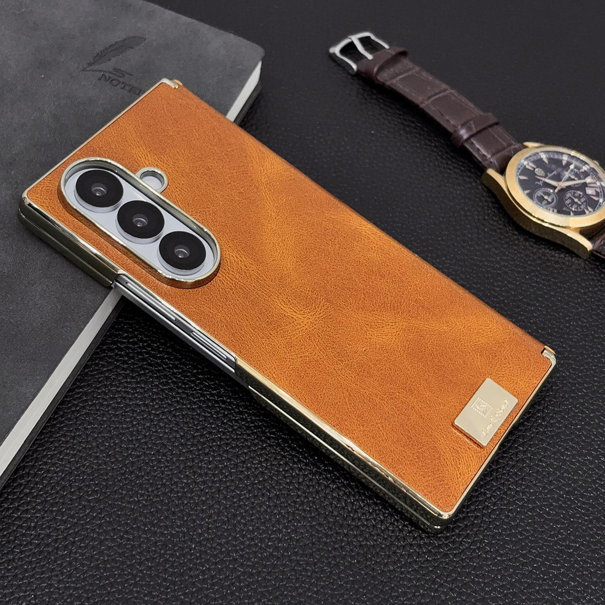 For Galaxy Z Fold8 Ultra 5G Electroplate Dual Axis Crazy Horse Texture PU Phone Case - Orange - EDA009511804C