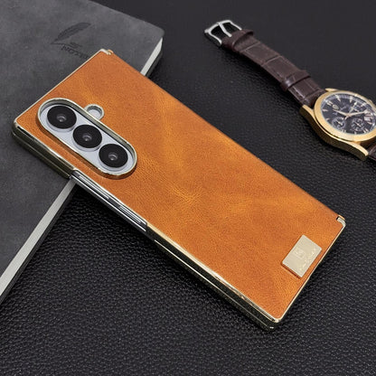 For Galaxy Z Fold8 Ultra 5G Electroplate Dual Axis Crazy Horse Texture PU Phone Case - Orange - EDA009511804C