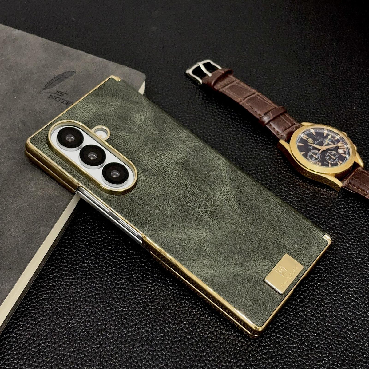 For Galaxy Z Fold8 Ultra 5G Electroplate Dual Axis Crazy Horse Texture PU Phone Case - Green - EDA009511804E