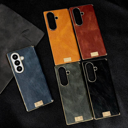 For Galaxy Z Fold8 Ultra 5G Electroplate Dual Axis Crazy Horse Texture PU Phone Case - Red - EDA009511804D