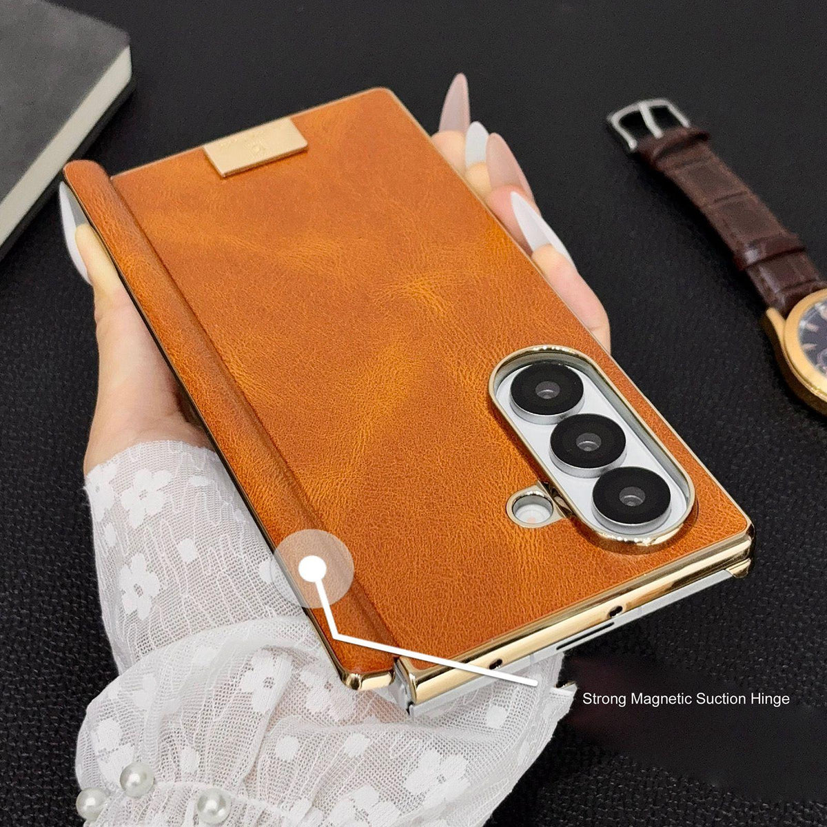 For Galaxy Z Fold8 Ultra 5G Electroplate Dual Axis Crazy Horse Texture PU Phone Case - Red - EDA009511804D