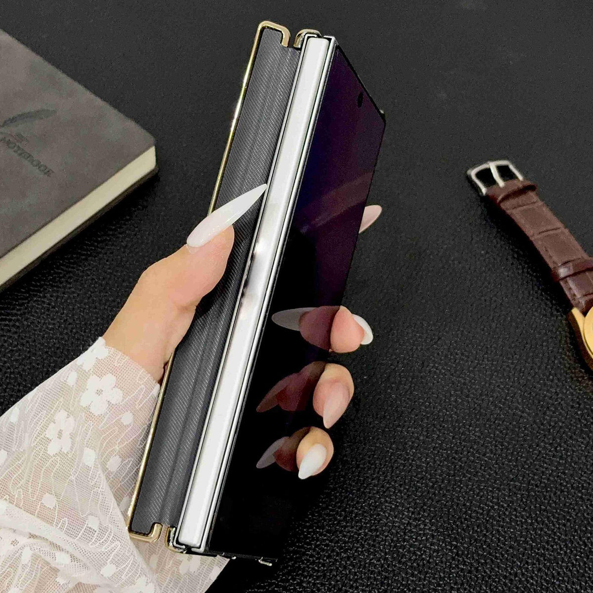 For Galaxy Z Fold8 Ultra 5G Electroplate Dual Axis Crazy Horse Texture PU Phone Case - Red - EDA009511804D