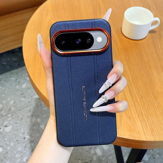 For Google Pixel 11 Metal Camera Lens Frame Buttons Vegan Leather Phone Case(Blue)