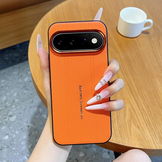 For Google Pixel 11 Pro Metal Camera Lens Frame Buttons Vegan Leather Phone Case(Orange)