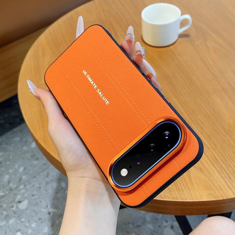 For Google Pixel 11 Pro Metal Camera Lens Frame Buttons Vegan Leather Phone Case(Orange)