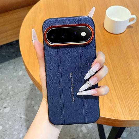 For Google Pixel 11 Pro Metal Camera Lens Frame Buttons Vegan Leather Phone Case(Blue)
